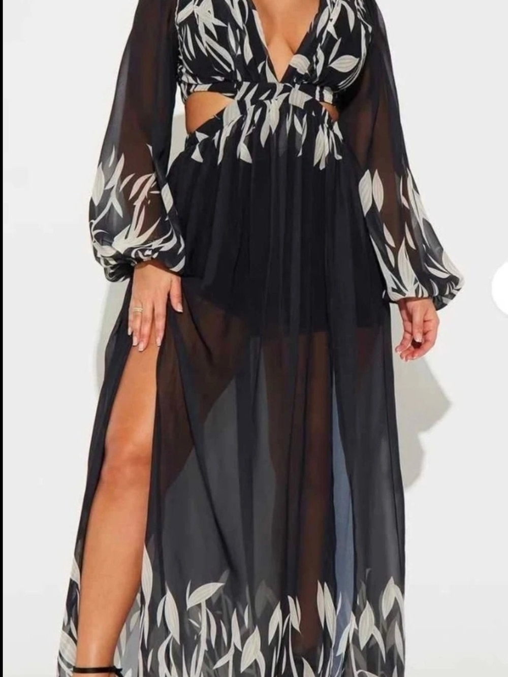 Sheer Black Maxi Dress with White Leaf Print